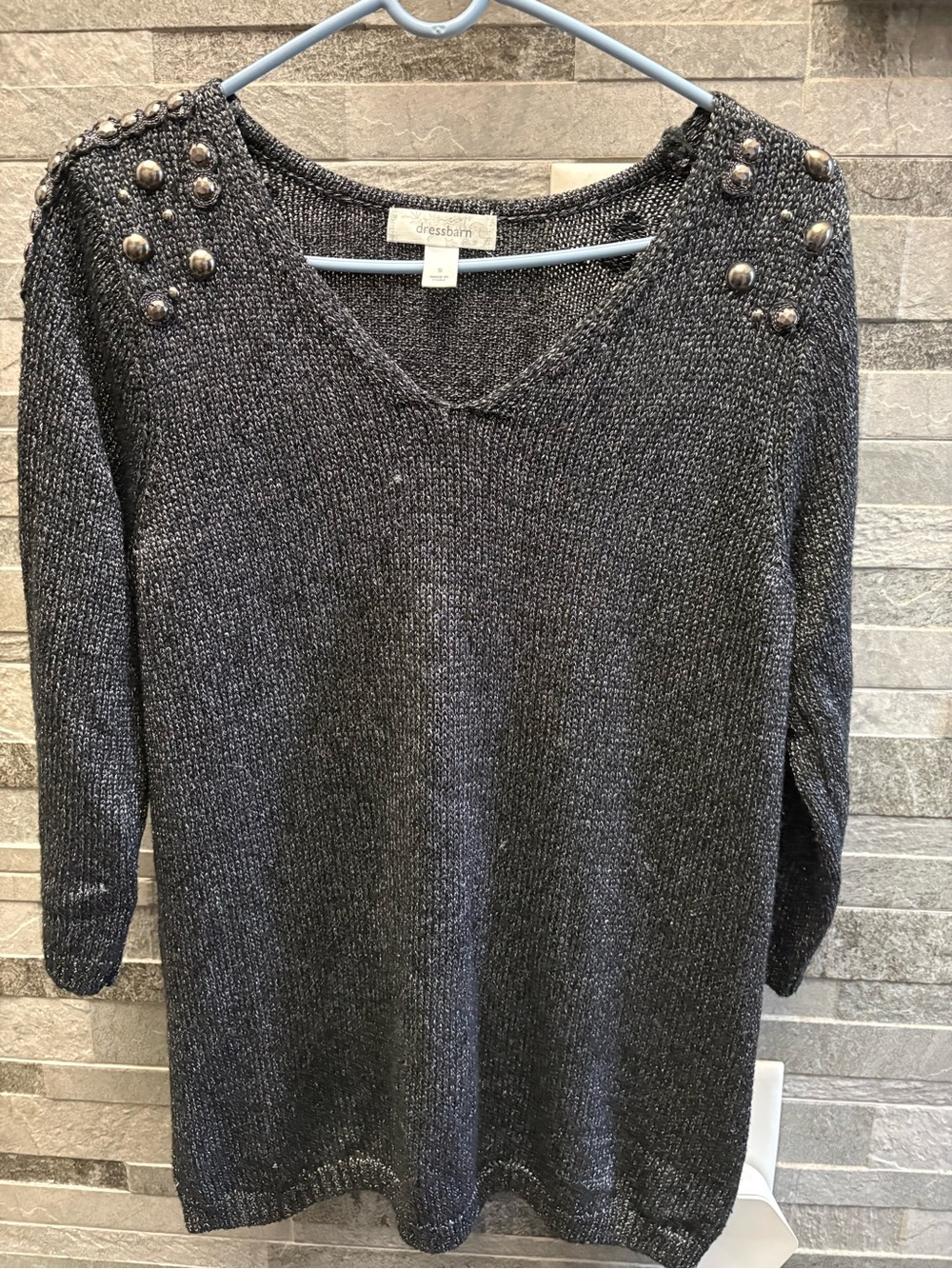 dressbarn Charcoal Studded V-Neck Sweater